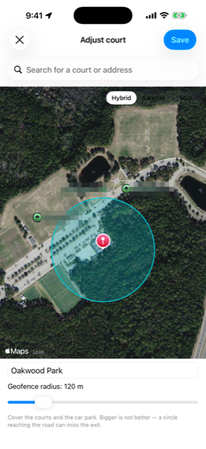 Setting a court: a map with a circle drawn around the courts and the car park.